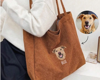 Custom EMBROIDERED Pet Portrait Tote Bag, Dog Mom Corduroy Shoulder Bag, Personalized Gift for Women, Mother’s Day gift