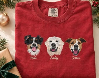 Embroidered Custom Pet Portrait Christmas Shirt UNISEX, Personalized Dog Shirt,  Dog Mom Christmas Gift, Pet Lover Shirt, Holiday Gifts