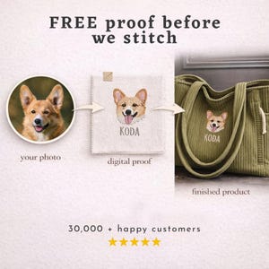 May include: Image showing the process of creating a custom embroidered item. A photo of a dog is transformed into a digital proof, then embroidered on a towel and a green tote bag. The text reads "FREE proof before we stitch."