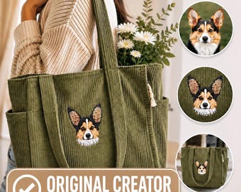 Custom Pet Portrait Tote Bag, Embroidered Dog Tote Bag, Cat Mom Gift Bag, Personalized Pet Bag, Dog Mom Gift, Birthday Gift Dog Mom
