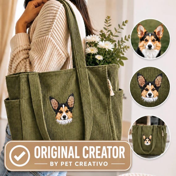 Custom Pet Portrait Tote Bag, Embroidered Dog Tote Bag, Cat Mom Gift Bag, Personalized Pet Bag, Dog Mom Gift, Birthday Gift Dog Mom