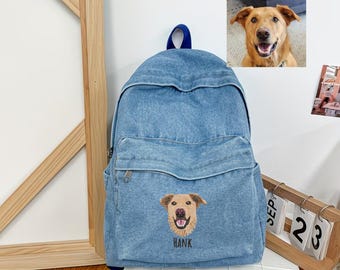Custom EMBROIDERED Denim Pet Portrait Backpack, Dog Mom Bag, Personalized Gift for Women, Mother's Day Gift, Birthday Gift