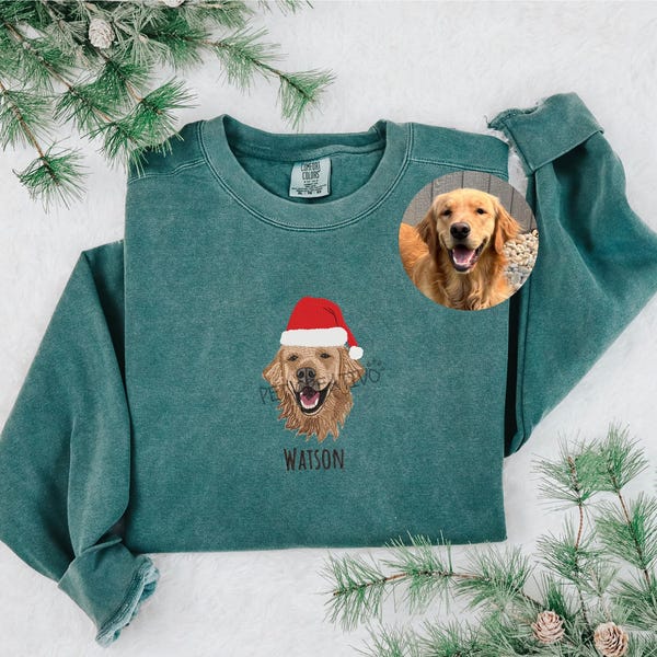 BESTICKTES Haustier Porträt Sweatshirt für Weihnachten, Benutzerdefinierte Hund Nikolausmütze Pullover, personalisiertes Geschenk