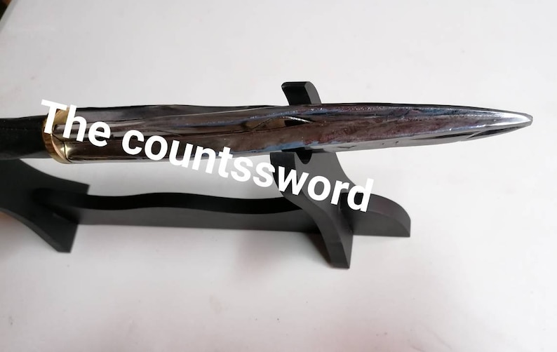 May include: A polished metal sword with a sharp point, resting on a black wooden stand. The sword has a dark handle with a gold-colored band near the blade. The text "The countsssword" is written on the image.