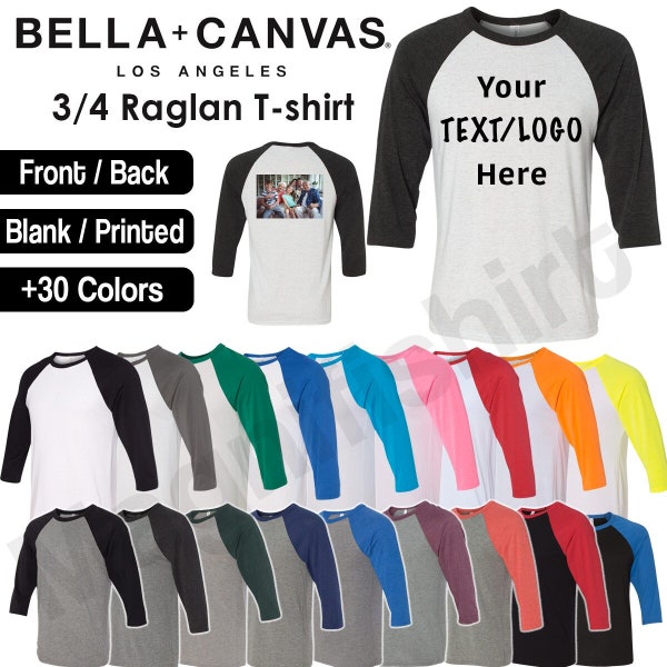 Benutzerdefiniertes Bella + Canvas 3/4-Ärmel Raglan-Baseball-T-Shirt UNISEX Tri Blend Premium 3200 Blanko / Personalisiert mit Text/Logo/Grafik/Glitzer