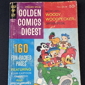 May include: A vintage comic book digest featuring Woody Woodpecker. The cover is red, white, and blue with a cartoon image of Woody Woodpecker and other characters in a car. The title is "Golden Comics Digest" and the text "160 Fun-Packed Pages" is also visible.