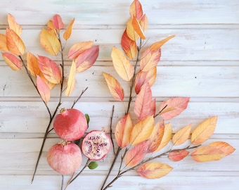 Autumn leaves and pomegranates centerpiece, handmade from paper, painted with acrylics, lifelike handcrafted art work, paper fruits.