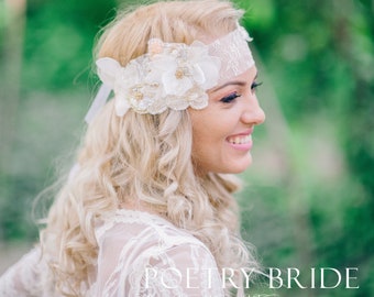 Bridal headpiece, unique wedding accessory, handmade embroidery, lace and silk, pearls and crystals, bohemian bride.