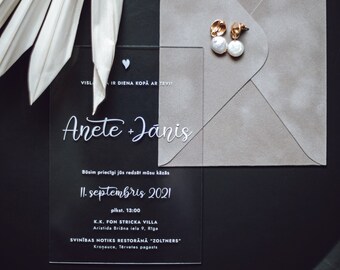 Elegant Acrylic Wedding Invitations with white, silver or gold screen printing