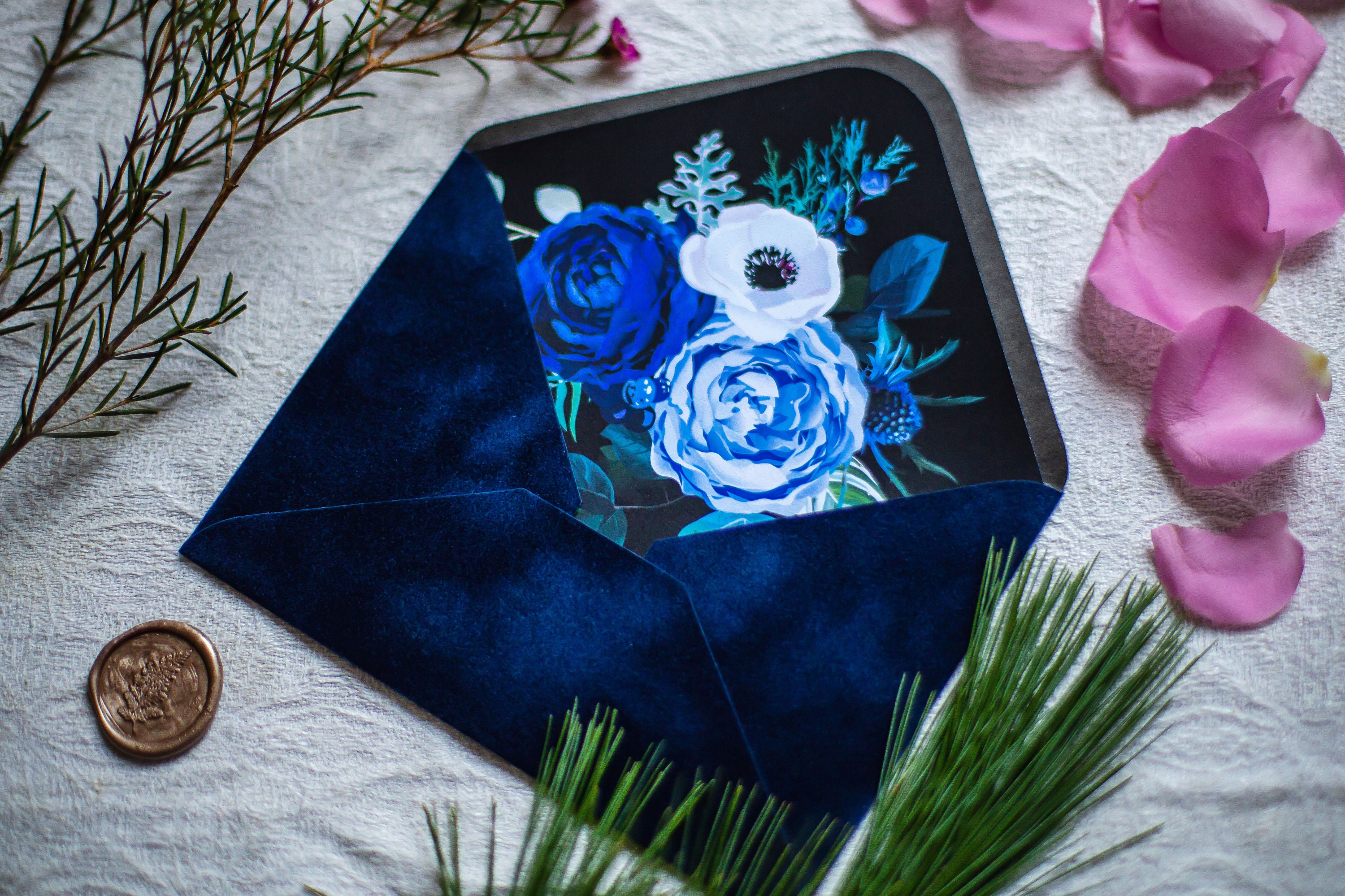 Navy Blue Velvet Envelopes With Floral Inlay C6 Etsy