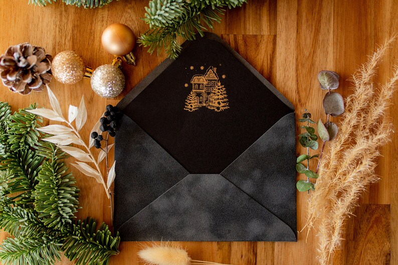 Christmas dark grey velvet envelopes with christmas design inlay C6 image 1