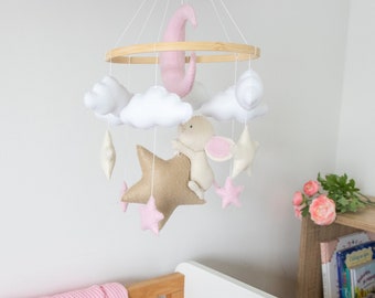 Pink Baby Mobile, Girl Baby Mobile Dreamy Mouse, Moon Nursery Decor, Baby Girl Nursery Decor, Personalised Mobile, Handmade Baby Gift