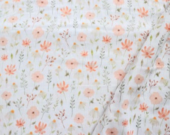Meadow Flower 100% Cotton Muslin Fabric, Floral Print Muslin, Wildflower Fabric, Blush Pink Eco-Friendly Muslin, Baby Project, DIY