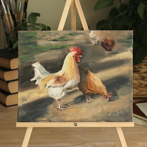 Chicken Farmyard Oil Painting/ Original 8x10 Rustic Wall Art/ Hen and Rooster Scene/ Country Home Decor/ Handmade Fine Art/ Mini Wall Art