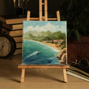 Seascape Mini Oil painting, Small wall art, Yacht and Seashore, Coastal Art with Mountains, Hand-Painted Seascape, Mini 8x8 Wall Art