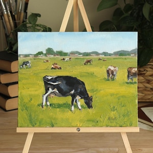 Cows Grazing in Pasture Oil PAinting/ Original 8x10 Farm Landscape Art/ Rustic Country Wall Decor/ Pastoral Scene/ Handmade Animal Artwork