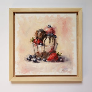Ice cream Original Oil Painting/ Ice cream Painting with chocolate syrup/ 12x12” oil on canvas/ Dessert Wall Art/ Framed Kitchen/ Cafe decor