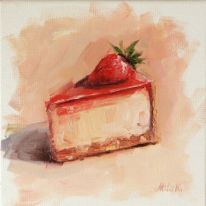 Strawberry Cheesecake Oil Painting / Original 8x8” on Canvas / Dessert Kitchen Wall Art / Foodie Gift / Bakery Decor / Sweet Treat Art