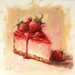 Strawberry cheesecake original oil painting/ 8x8&quot; on stretched canvas/ Dining room decor/ Kitchen wall art/ Dessert painting/ Cute gift idea