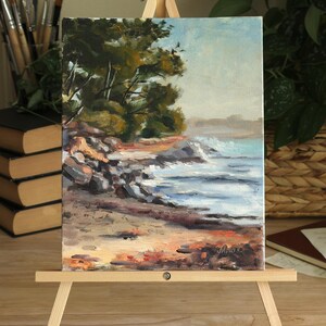 Rocky coastline Oil Painting 8x10&quot;/ Serene Rocky cove painting/ Coastal Art, Nautical Decor/ Atmospheric Ocean Scene/ Coastal Wall Art