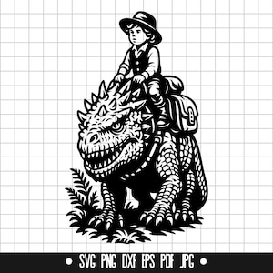 Niño montando dinosaurio SVG, Niño vaquero PNG, Archivo de corte T-Rex, Clipart, Archivo SVG, Descarga instantánea