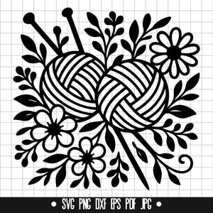 Yarn Flowers Svg, Yarn Ball Svg, Knitting Svg, Floral Yarn Svg, Crochet Svg, Yarn Craft Svg, Cut File, Vector Clipart