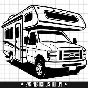May include: Black and white line art illustration of a motorhome. The motorhome has a large, raised sleeping area above the cab. The motorhome is facing the viewer.