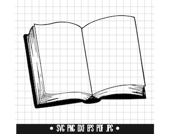 May include: A black and white line drawing of an open book with the pages turned back.