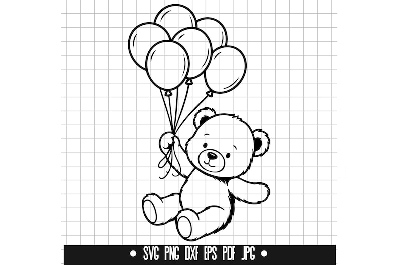 Może przedstawiać: Czarno-biała ilustracja misia trzymającego balony. Miś się uśmiecha, a balony są okrągłe. Grafika wektorowa, idealna do r&oacute;żnych projekt&oacute;w cyfrowych.