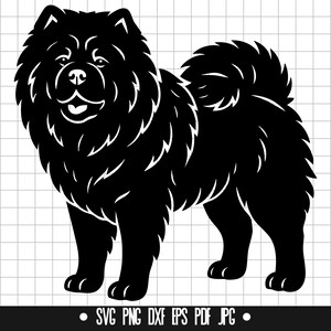 May include: Black and white silhouette of a Chow Chow dog standing with its tongue out. The dog is facing forward and has a fluffy coat.