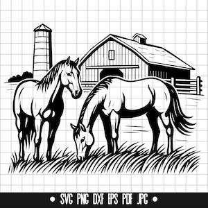 Ferme cheval SVG, grange et chevaux PNG, fichier coupe DXF scène de campagne, ferme rustique des cliparts, conception Svg cheval, téléchargement immédiat