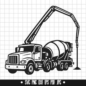May include: A black and white illustration of a concrete mixer truck with a long arm extending from the back of the truck.