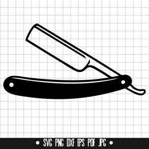 May include: A black and white illustration of a straight razor with a handle and a blade.