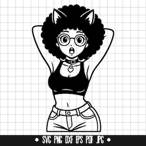 Garota gata afro SVG, cabelo cacheado anime DXF, garota kawaii PNG, arquivo de corte de garota, clipart, arquivo digital, arquivo SVG, silhueta, download instantâneo