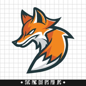 May include: A stylized illustration of a fox head in orange, white, and black. The fox has a determined expression. The image includes file type indicators: SVG, PNG, DXF, EPS, PDF, and JPG.