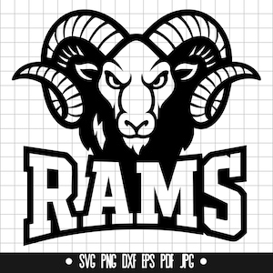 May include: Black and white silhouette of a ram's head with large horns and the word "RAMS" in bold, white letters below.