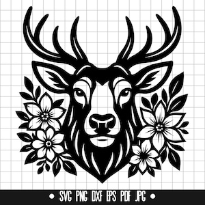 Floral Stag SVG, Stag DXF, Stag PNG, Stag Cut File, Clipart, Digital File, Svg File, Silhouette, Instant Download