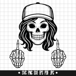 Calavera femenina SVG, Esqueleto del dedo medio SVG, Calavera de chica rebelde PNG, Archivo de corte, Clipart, Archivo digital, Archivo SVG, Silueta, Descarga instantánea