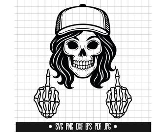 Female Skull SVG, Middle Finger Skeleton SVG, Rebel Girl Skull PNG, Cut File, Clipart, Digital File, Svg File, Silhouette, Instant Download