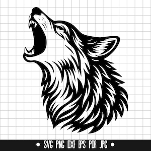 May include: Black and white illustration of a wolf howling with its mouth open. The wolf's fur is detailed with lines and the image is set against a white background.