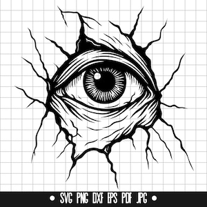 以下が含まれることがあります： ひび割れた壁から覗く目の白黒のイラスト。目は瞳孔と虹彩が詳細に描かれており、壁はギザギザの縁で描かれている。