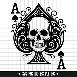 Skull Spade SVG, Skull DXF, Skull PNG, Skull Cut-bestand, Ace Clipart, Digitaal bestand, Svg-bestand, Silhouet, Instant Download