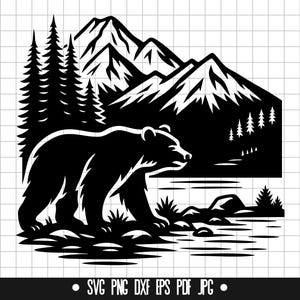 Bear Forest Scene SVG, Bear Wildlife DXF, Mountain Forest PNG, Cut File, Clipart, Digital File, Svg File, Silhouette, Instant Download