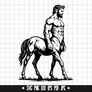 Könnte beinhalten: Schwarzweiß-Illustration eines Zentauren, einer mythischen Kreatur mit dem Oberkörper eines menschlichen Mannes und dem Unterkörper eines Pferdes. Der Zentaur steht auf allen Vieren und blickt nach rechts.