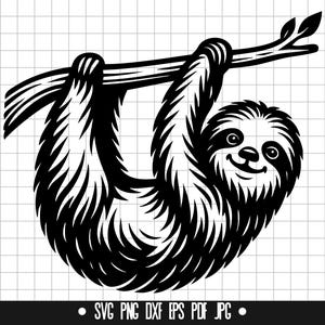 Peut inclure: Illustration en noir et blanc d'un paresseux suspendu à une branche. Le paresseux a un visage souriant et est dessiné dans un style cartoon.