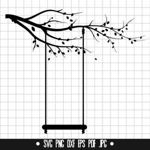 May include: Black silhouette of a tree branch with leaves and a swing hanging from it.