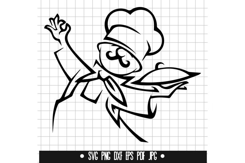 May include: Black and white line art illustration of a chef in a chef's hat and mustache, holding a covered platter. The chef is making an "okay" hand gesture. The image includes file type icons: SVG, PNG, DXF, EPS, PDF, and JPG.