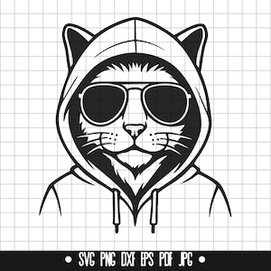 クールな猫のSVG、パーカー猫のDXF、面白い動物のPNG、猫のカットファイル、クリップアート、デジタルファイル、SVGファイル、シルエット、即時ダウンロード