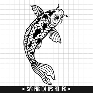 Puede incluir: Ilustración en blanco y negro de línea de arte de un pez koi con un patrón de manchas. El pez está nadando hacia arriba con la boca abierta.