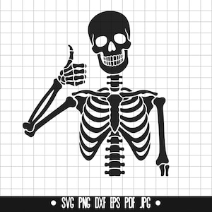 May include: Black and white silhouette of a skeleton giving a thumbs up. The skeleton has a ribcage, skull, and long bones.